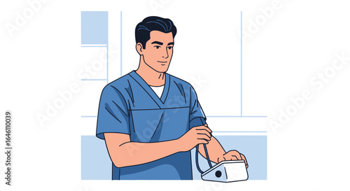 Man in scrubs checks his blood pressure using a digital monitor in a clean, bright setting.