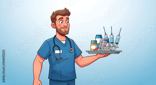 Smiling male nurse presents tray of medicine, syringes, and pills.