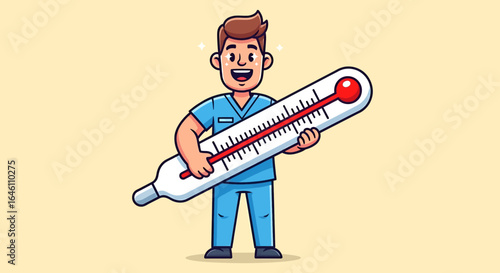 Cheerful medical professional holding a large thermometer, showing a high temperature reading.