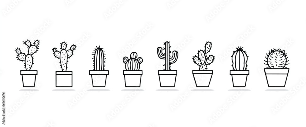 Minimalist Cactus Plants Illustration on White Background Seven Potted Cacti in a Row Simple Line Art Drawing of Desert Plants Home Decor Concept Minimalist Cactus Plants Illustration on White Background Seven Potted Cacti in a Row Simple Line Art Drawing of Desert Plants Home Decor Concept