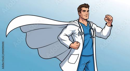 Superhero doctor, confident pose, white coat, cape, healthcare hero.