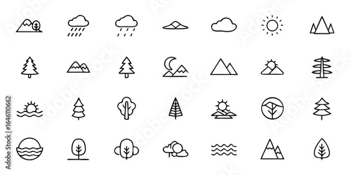 Natural Landscape Line Art Vector Icons — Mountains, Rivers, Forests, Beaches, Sunsets & Outdoor Scenery Symbols for Travel, Tourism & Nature-Themed Design

