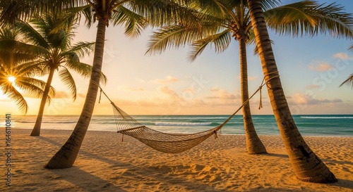 Tropical Beach Hammock Sunset: Serene Palm Trees, Golden Hour, Relaxation, Paradise.