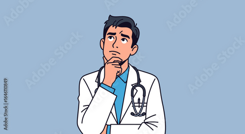Thoughtful male doctor in white coat contemplates a medical diagnosis.