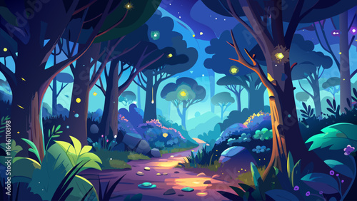 Soft moonlight bathes the canopy, shadows blending with gentle luminescence, as nature’s quiet magic unfolds, inviting wanderers to linger in this serene realm where time drifts in whispering harmony.