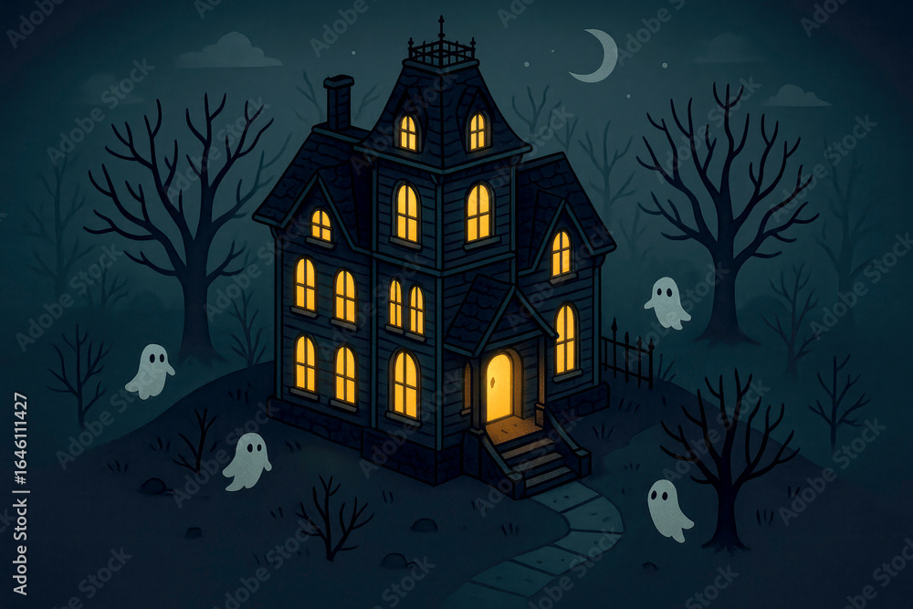 Fototapeta premium Spooky Haunted House with Ghosts and Bare Trees Under a Crescent Moon halloween