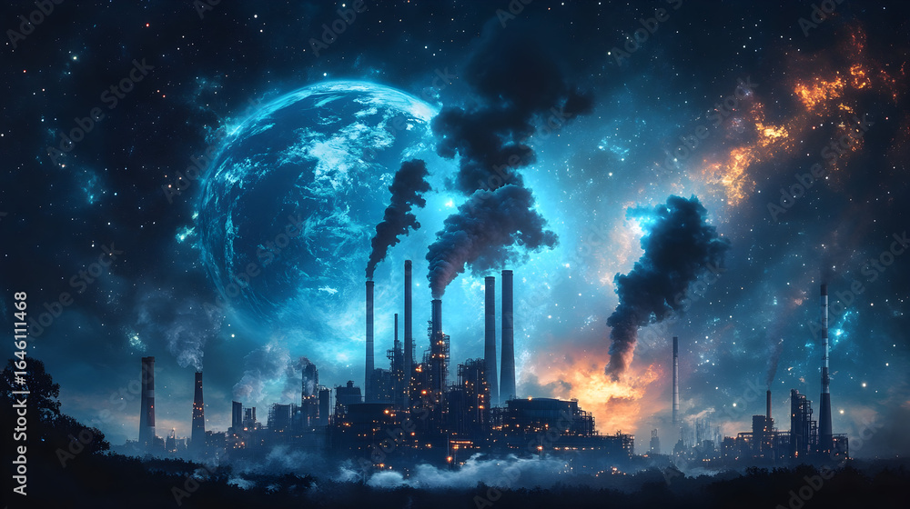 Obraz premium Surreal sci-fi scene of earth overtaken by machines under starry sky