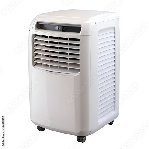 A white portable air conditioner unit with wheels and vents, isolated on white background, providing efficient cooling for indoor spaces
