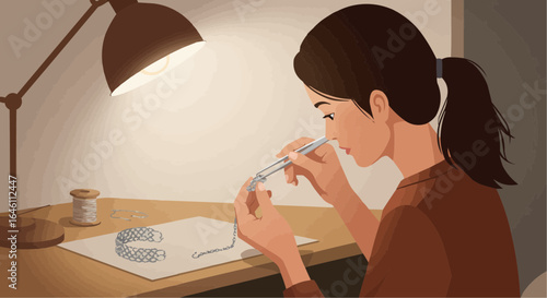 Young woman focusing while creating flat vector art at desk  
