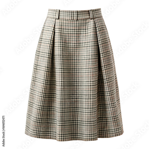 Plaid aline midi skirt with a tailored waistband and belt loops, featuring pleats and a classic checkered pattern, isolated on white background