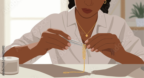 Black woman using tweezers to handle honey in a bright kitchen  