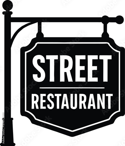 Elegant vector logo sign for a "Street Restaurant" with a vintage-style signboard and pole.

