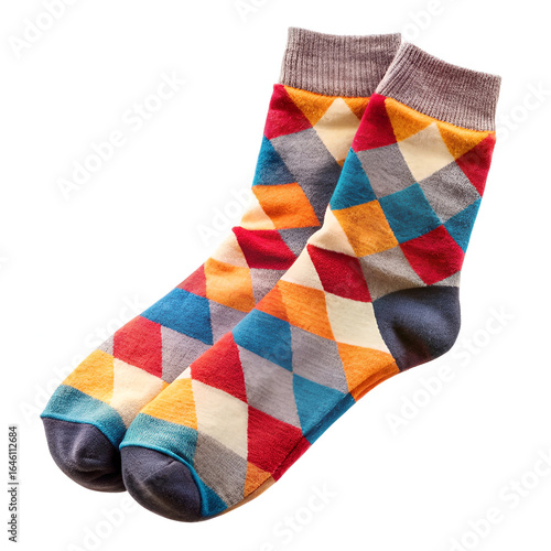 A pair of colorful argyle patterned socks isolated on white background