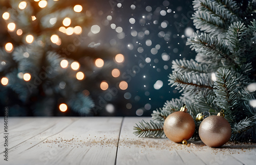 Wallpaper Mural Empty white wooden table, balls, christmas tree, lights on background, blurred bokeh. Christmas mock up banner to display, advertise product, promotion sale, presentation. New year backgrounds.  Torontodigital.ca