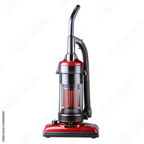 A red and chrome upright vacuum cleaner with a transparent dust canister and hose, isolated on a white background, for efficient home cleaning