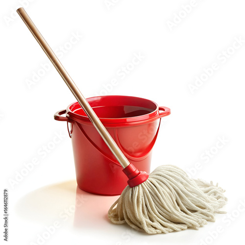 Red mop and bucket isolated on white background for household cleaning