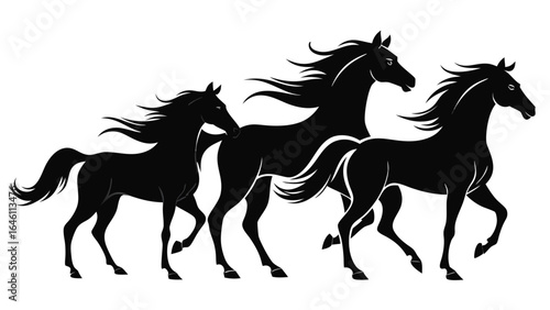 Three horses in silhouette galloping against a white background, showcasing their dynamic movement and grace..eps