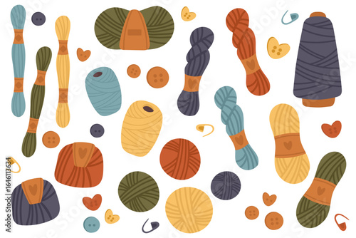 Set with balls and skeins of wool yarn. Buttons. Skein, ball, bobbin. Collection of tools for hobby.