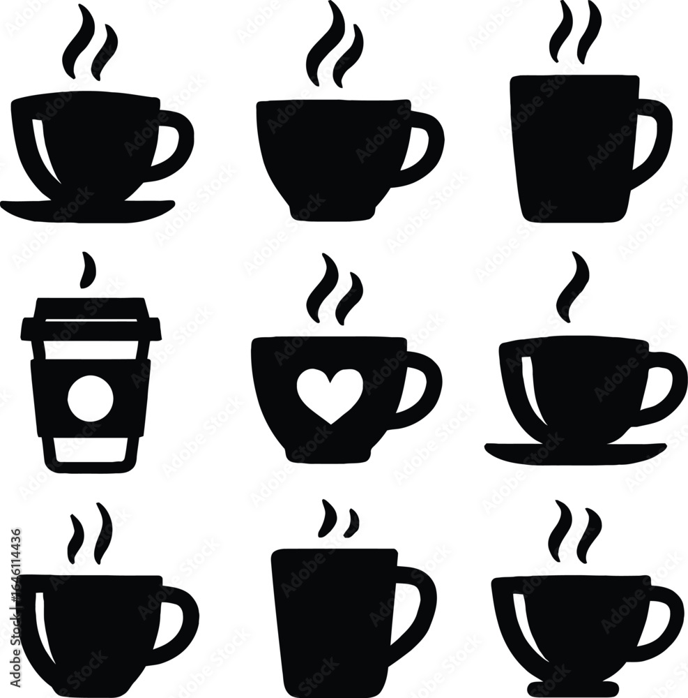 Obraz premium Black Silhouette Icon Set of Nine Coffee Cups with Rising Steam — Stylized Vector Grid Featuring Mugs, Takeaway Cups, and Heart Motif for Café, Beverage, or Morning Ritual Themes