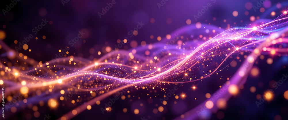 Fototapeta premium Abstract quantum energy glowing clear transparent glowing with sparkling friction purple violet copper 1000 cables with golden lights flowing, minimalist, in dark purple gradient background, shimmerin