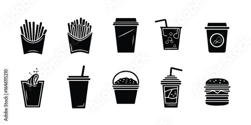 Monochrome fast food icons depicting a variety of delicious menu items isolated on a clean white background suitable for restaurant websites and promotional materials