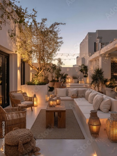 Cozy evening gathering outdoor terrace relaxation space urban area warm lighting serenity