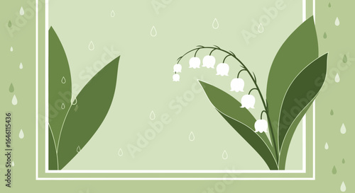 Elegant lily of the valley illustration with gentle rain and soft green background offers peacefulness and serenity