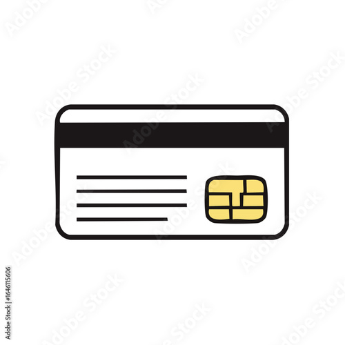 A credit card illustration, showing payment, banking, financial transactions. The card's design includes a microchip.
