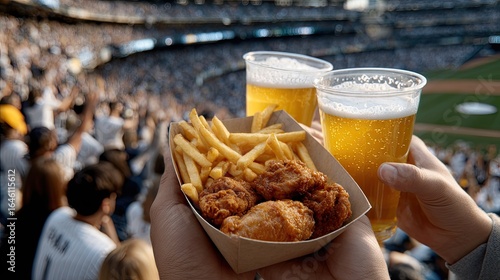 Chicken wings and fries are raised in excitement amidst a cheering crowd at a baseball stadium on a bright sunny day