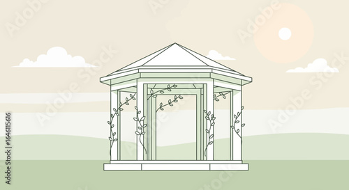 Elegant outdoor gazebo illustration surrounded by nature and light filled sky