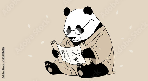 Elegant panda scholar engrossed in ancient scroll wisdom with glasses and robe