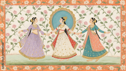 Vibrant Mughal vector mural of queens, princesses, and courtesans dancing in Jaipur style, adorned with rich colors and miniature painting details
