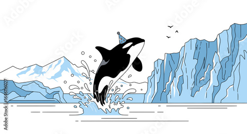 Festive orca jumping from icy waters illustration capturing the joy of arctic wildlife celebrating with a party hat