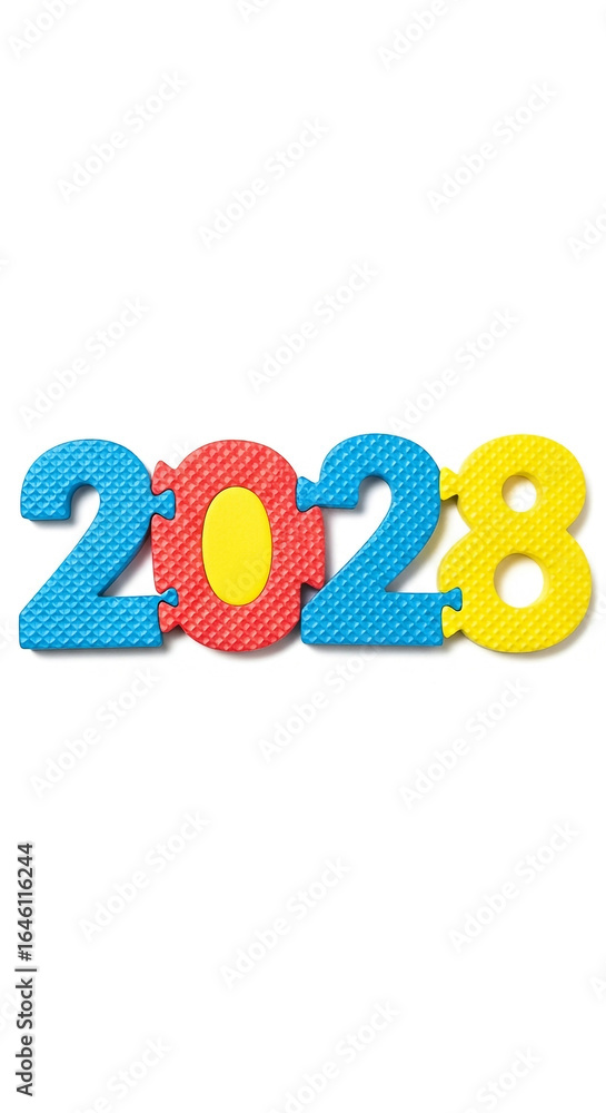 Naklejka premium Photo of colorful foam puzzle numbers spelling out the year 2028 isolated on a white background representing the future
