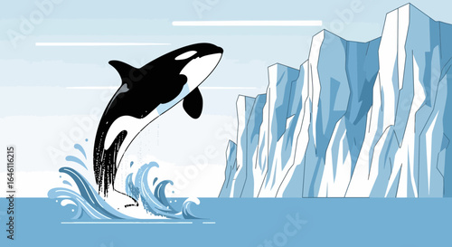 Graphic illustration of an orca jumping out of the water near icebergs under a light blue sky ideal for wildlife awareness