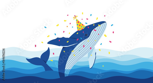 Festive whale breaching the ocean waves wearing a party hat and confetti flying around its head for celebration