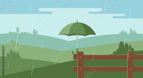 Green Umbrella In Rainy Countryside Landscape Vector Illustration Graphic