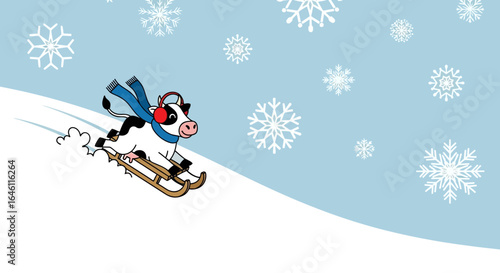 Festive winter fun cartoon of a cow sledding down a snowy hill with snowflakes