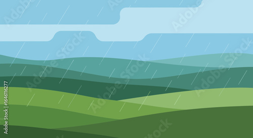 Green Hilly Landscape Under Falling Rain With Clouds In Minimalist Style