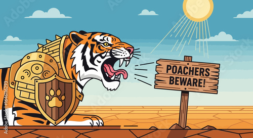 Fierce Armored Tiger Roars Warning Poachers Beware on Desert Landscape Design