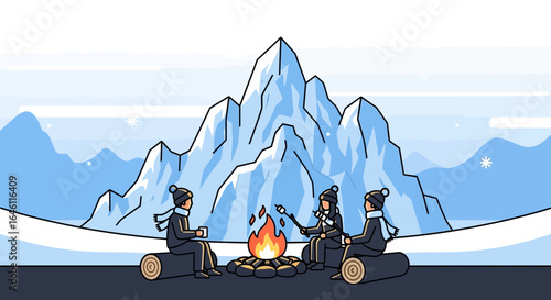 Group of friends enjoy winter camp fire roasting marshmallows with mountain backdrop