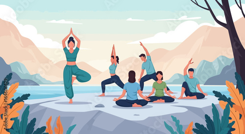 Group yoga session with instructors practicing poses in a serene nature environment landscape