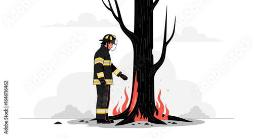 Firefighter Inspecting a Burning Tree in Aftermath of a Wildfire Disaster Response