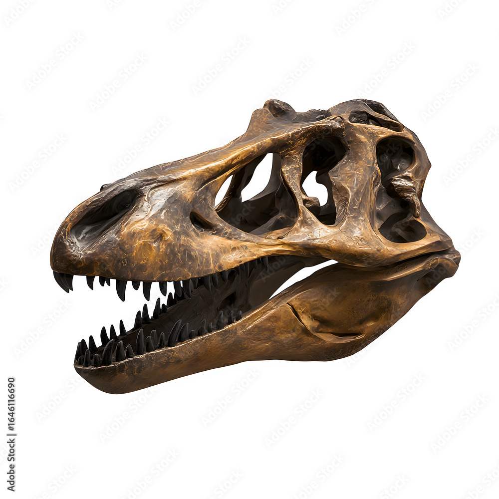 Naklejka premium Ancient Tyrannosaurus Rex skull specimen showcasing formidable teeth and intricate bone structure, a powerful symbol of prehistoric might and scientific discovery. Isolated to Transparent Background