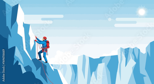 Flat illustration of a rock climber ascending a steep ice mountain landscape vector art design for graphic design and backgrounds