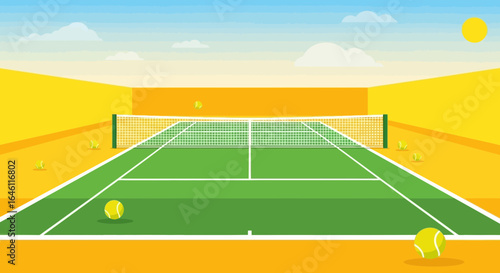 Flat vector illustration of a vibrant tennis court under a bright sunny sky for sport concept design or motivational inspiration