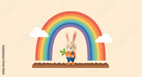 Happy Cartoon Rabbit With Carrot Under Rainbow Illustration For Children