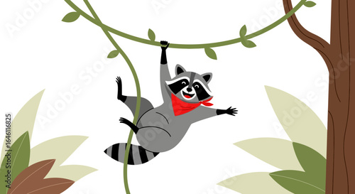 Happy Cartoon Raccoon Hanging From Vine in a forest with leaves and a tree