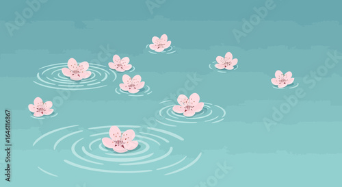 Floating blossoms on calm water a serene springtime floral illustration with gentle ripples