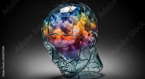 Vibrant Abstract Cloud Brain within a Fractured Glass Head Sculpture, Symbolizing Complex Thought and Creativity